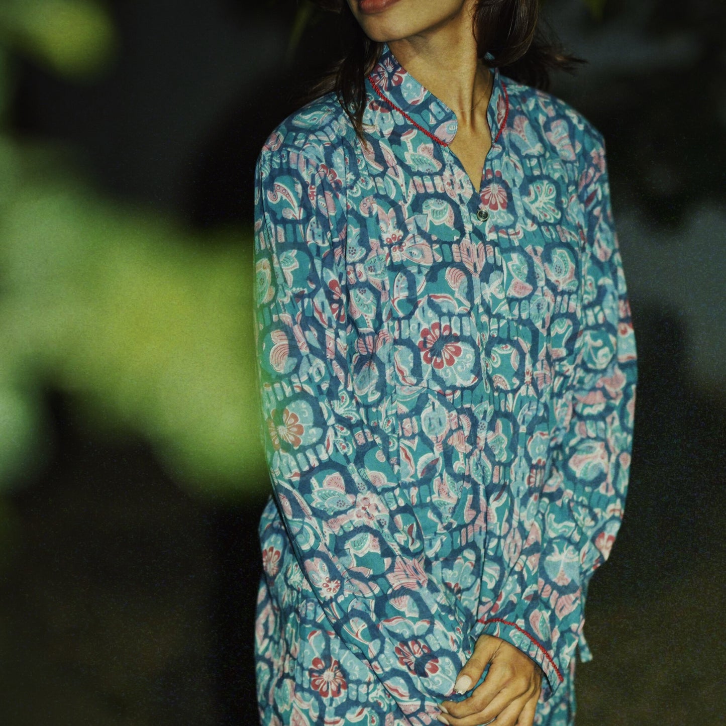 Double Bagru Cotton Kimono Shirt with Embroidery Details