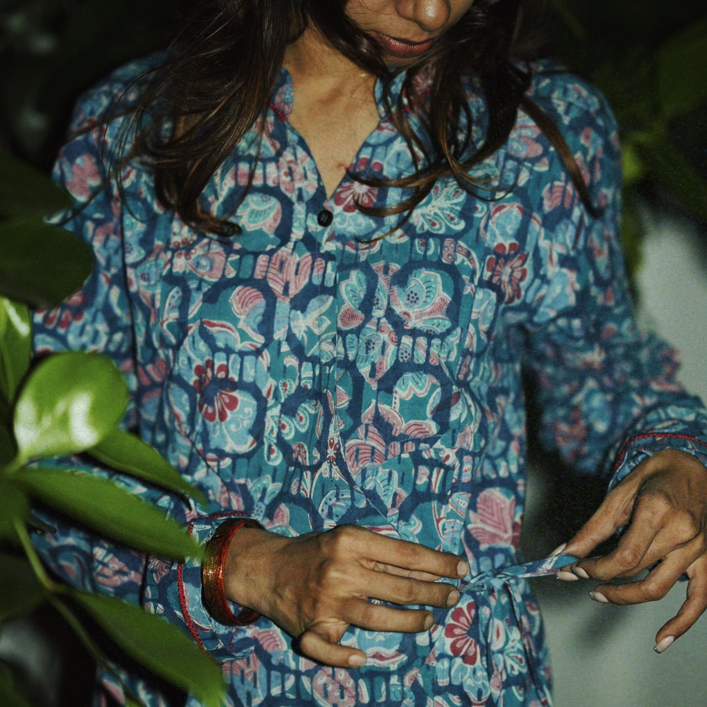 Double Bagru Cotton Kimono Shirt with Embroidery Details