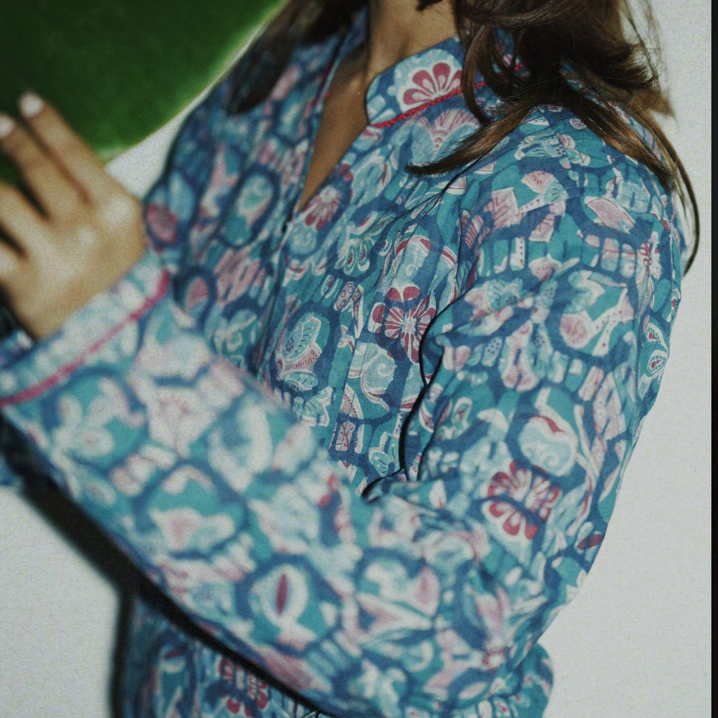 Double Bagru Cotton Kimono Shirt with Embroidery Details