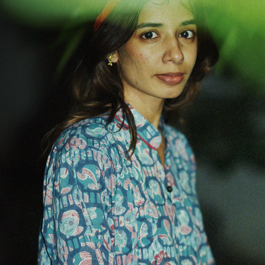 Double Bagru Cotton Kimono Shirt with Embroidery Details