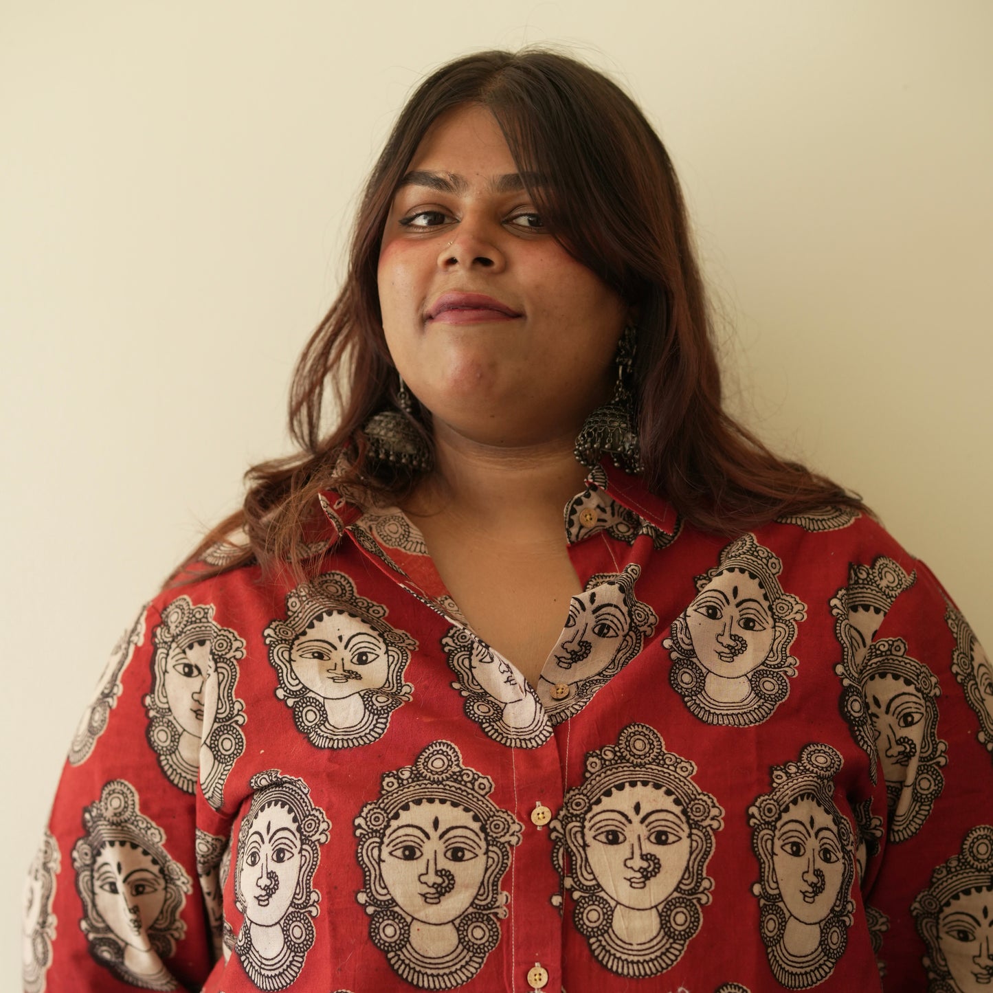 Devi- Half Red Full Sleeves Cotton Kalamkari Shirt