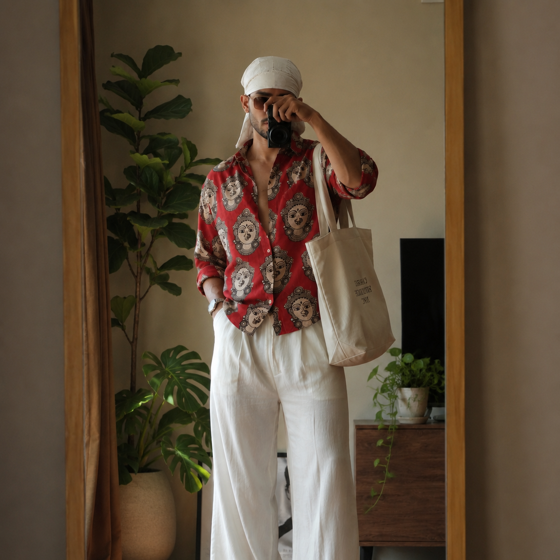 Devi- Half Red Full Sleeves Cotton Kalamkari Shirt