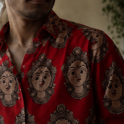 Devi- Half Red Full Sleeves Cotton Kalamkari Shirt