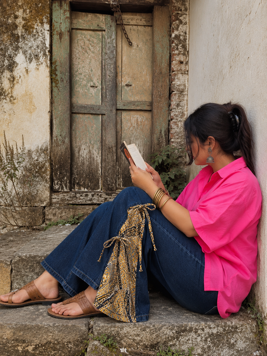 Upcycled Wide-Legged Jeans with Kalamkari Details