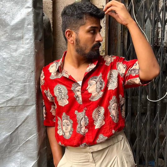 Half Kathakali in Red Cotton Unisex Shirt