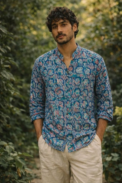 Double Bagru Cotton Kimono Shirt with Embroidery Details