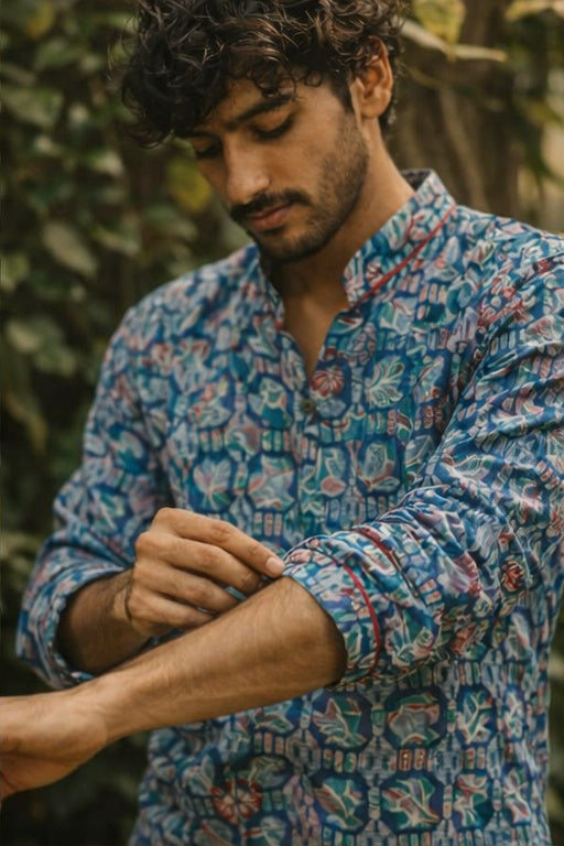 Double Bagru Cotton Kimono Shirt with Embroidery Details