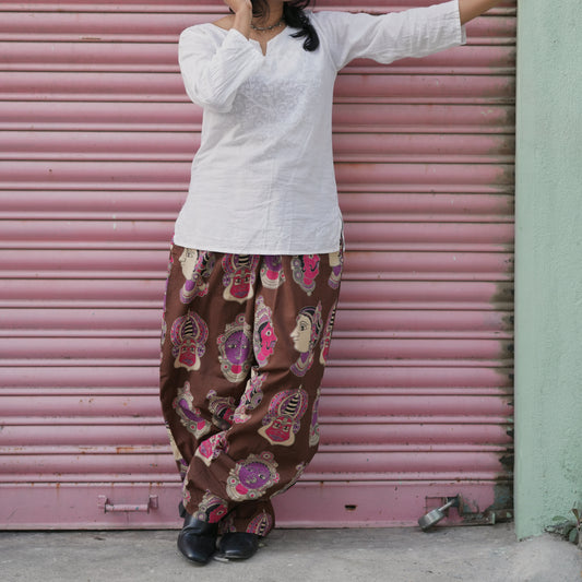 Kathakali- Brown Cotton Wide Pants with Pink Face