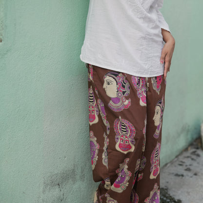 Kathakali- Brown Cotton Wide Pants with Pink Face