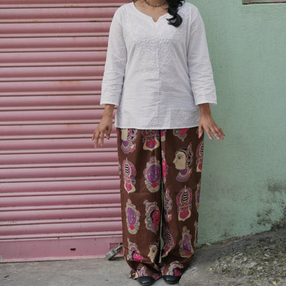 Kathakali- Brown Cotton Wide Pants with Pink Face