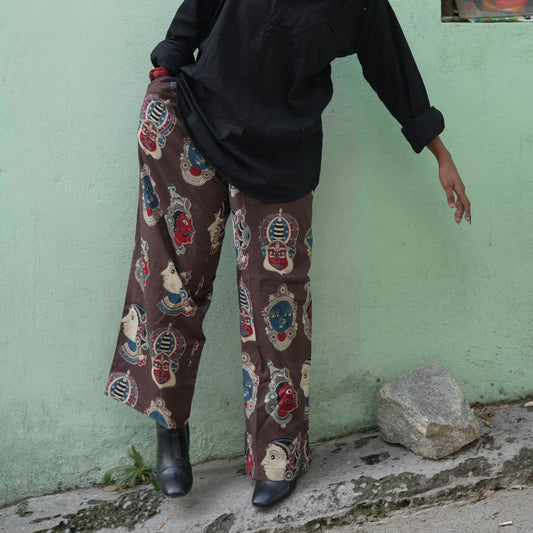 Kathakali- Brown Cotton Wide Pants with Red Face