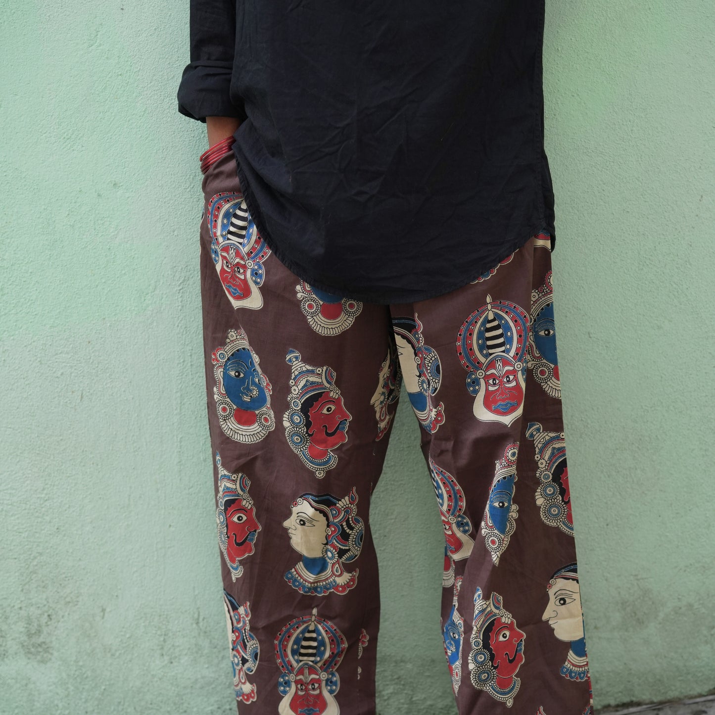 Kathakali- Brown Cotton Wide Pants with Red Face