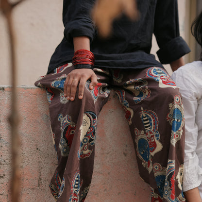 Kathakali- Brown Cotton Wide Pants with Red Face